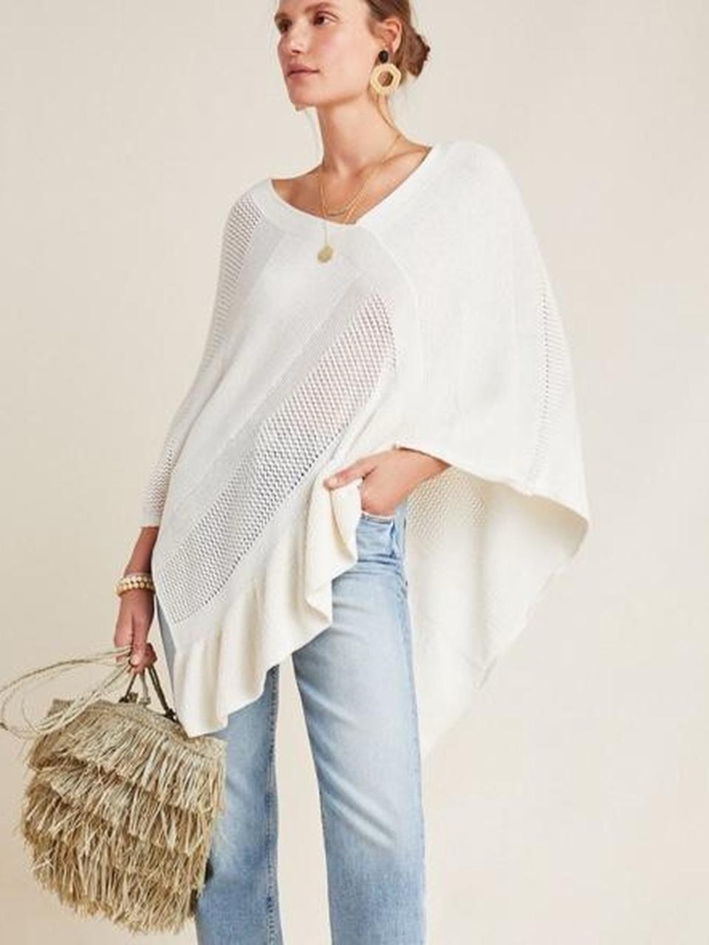 Anthropologie Cream Stretchy Knit Poncho Sweater